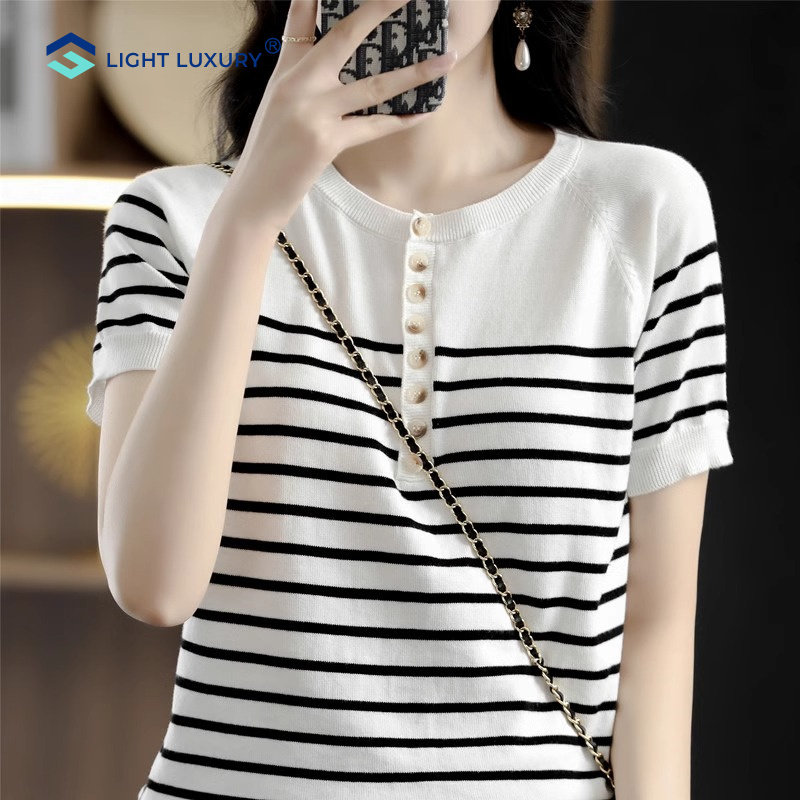 针织T恤女夏季新款时尚洋气百搭小个子短款内搭条纹设计短袖上衣