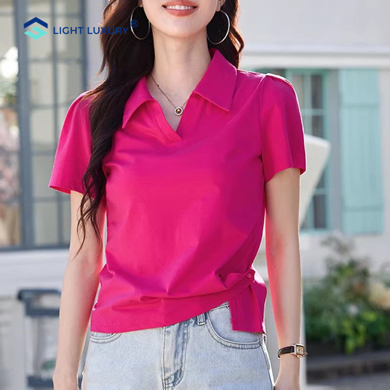 纯棉短袖T恤女夏季新款宽松翻领开叉设计体恤衫小个子短款上衣服