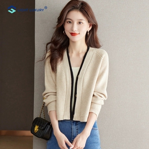 鄂尔多斯市产羊绒开衫女100纯羊绒衫薄款v领外套高端精纺外搭毛衣