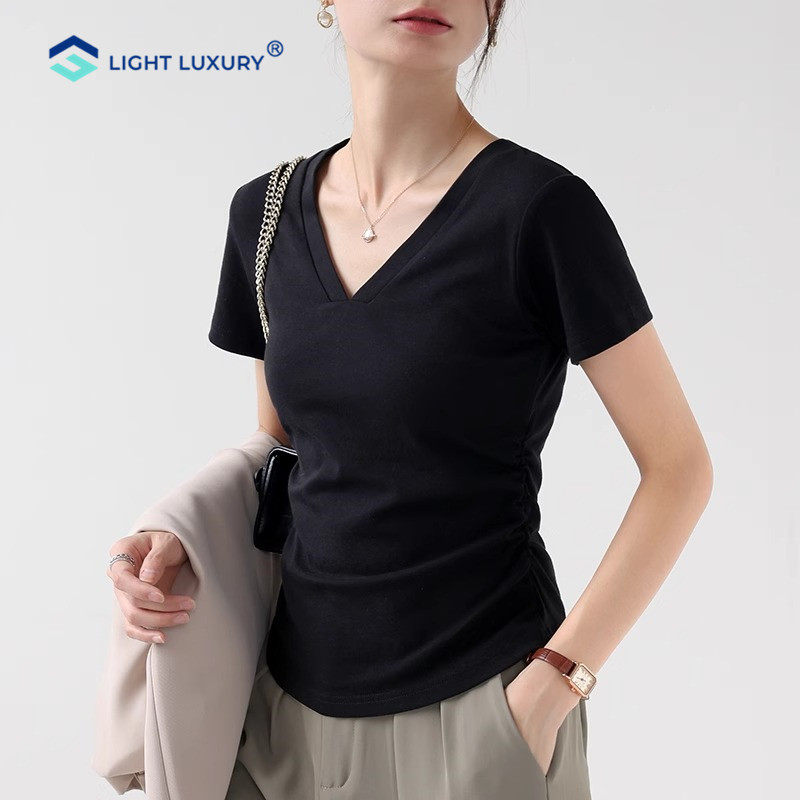 黑色正肩V领T恤女夏季新款弧形下摆短袖内搭收腰修身别致气质上衣