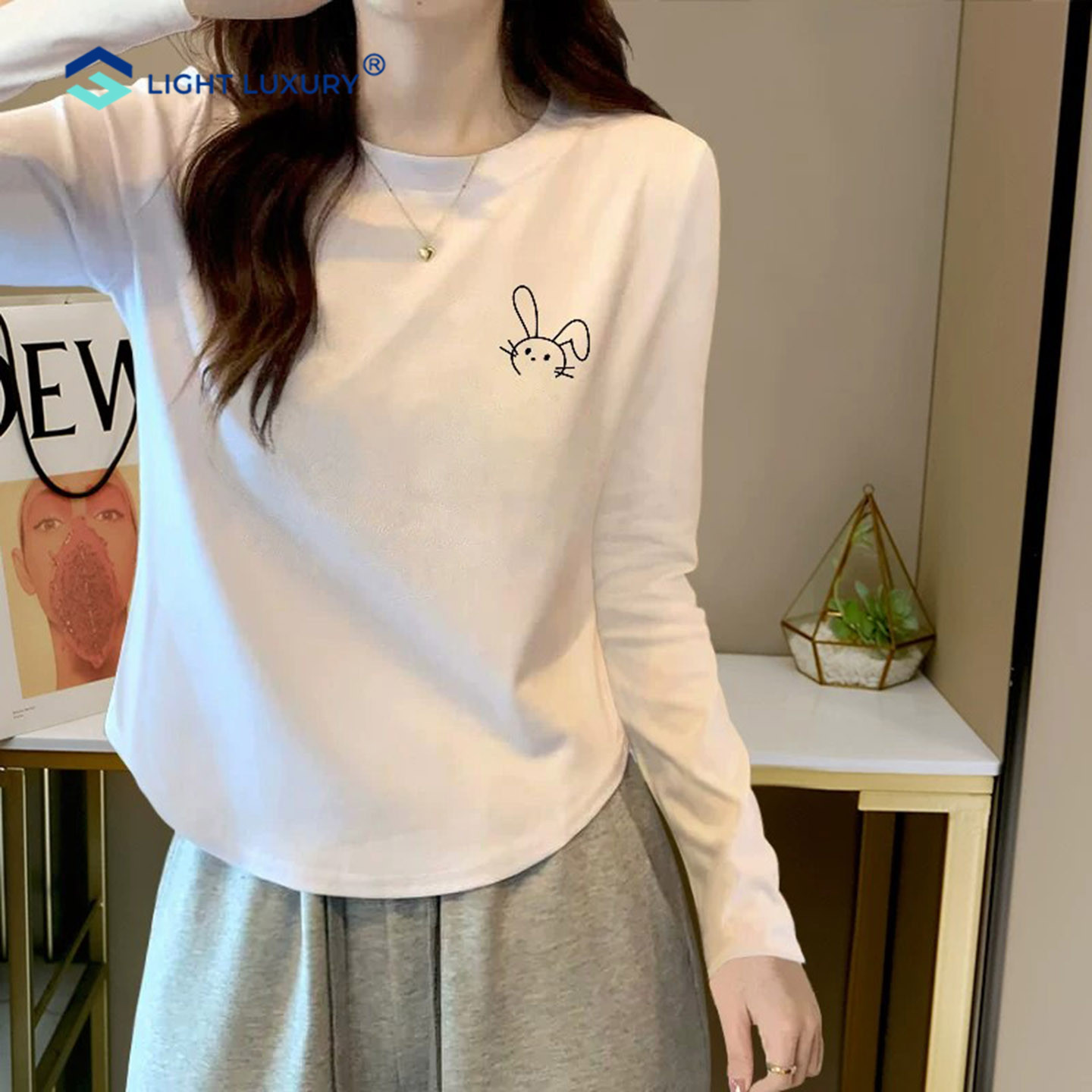 白色长袖T恤女简约小众纯棉上衣