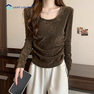 独特女士金丝绒打底衫秋冬高端大码内搭显瘦高级感洋气抽褶上衣