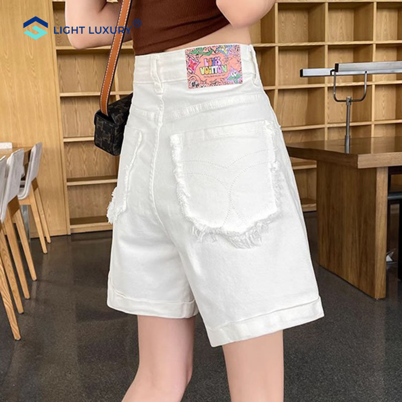 白色牛仔短裤女夏季新款高腰宽松a字阔腿裤小个子梨形弹力五分裤