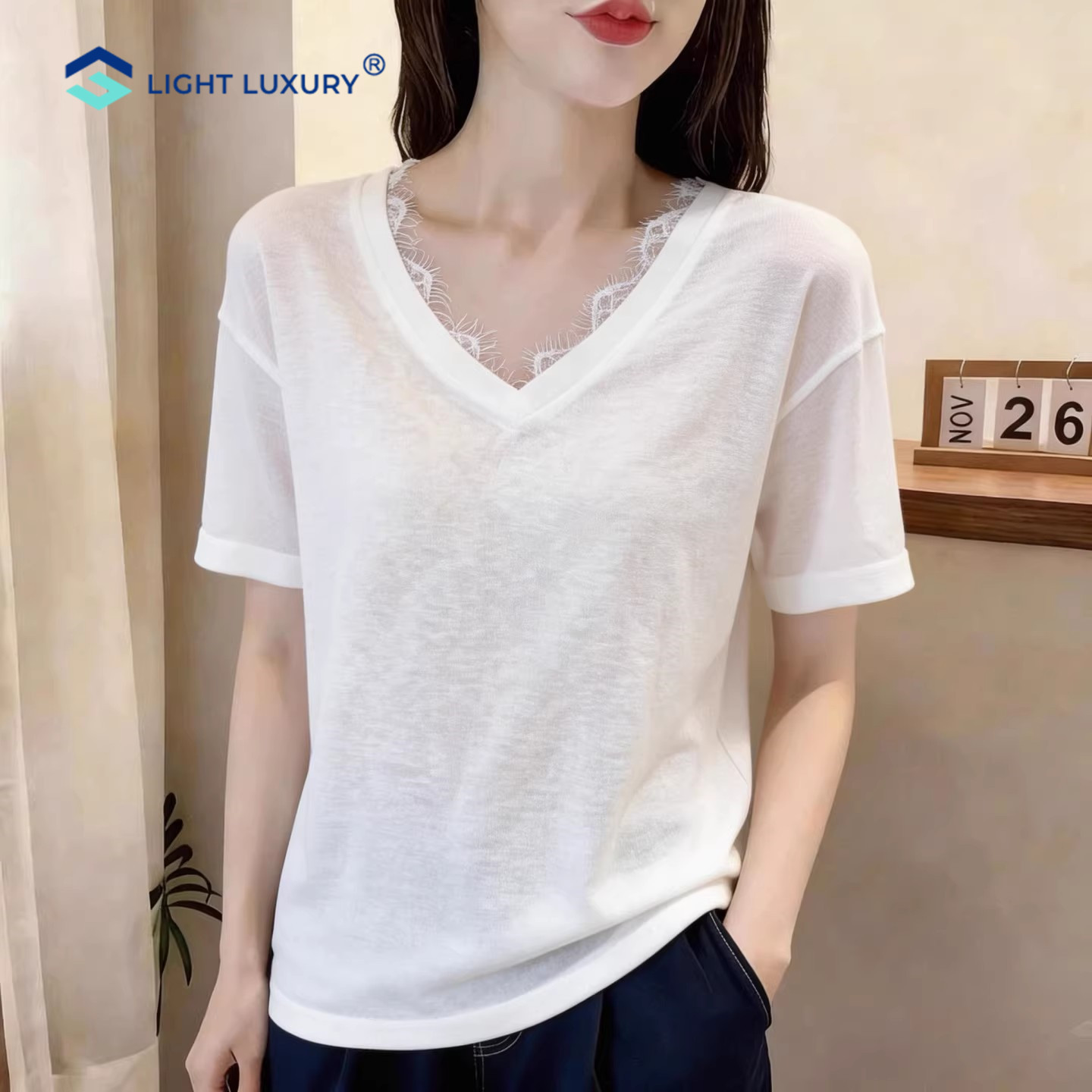 白色短袖T恤女V领蕾丝减龄别致