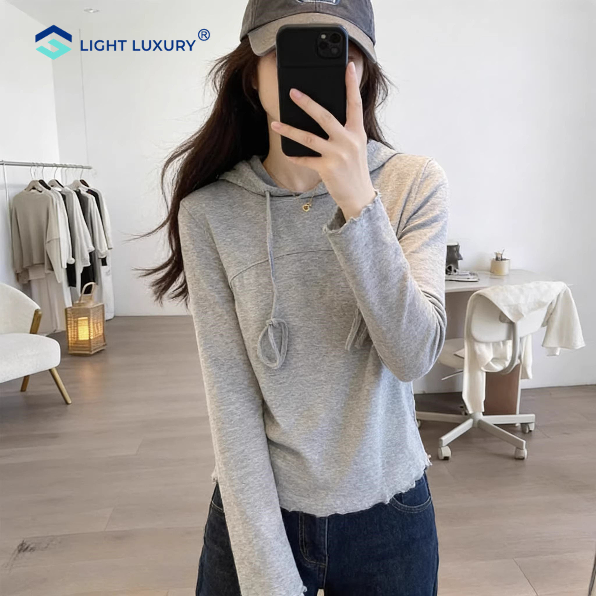 连帽长袖T恤女2026短款格雷系灰色修身显瘦上衣小个子内搭打底衫