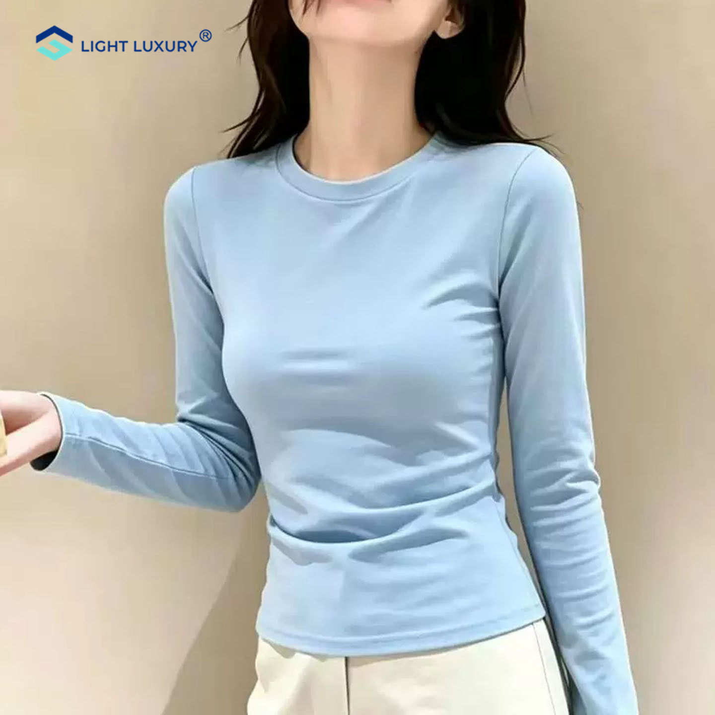 正肩蓝色长袖t恤女时尚减龄上衣