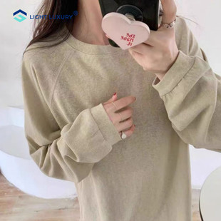 白色圆领上衣 雪花棉长袖 T恤女早秋新品 宽松洋气纯色插肩袖 打底衫