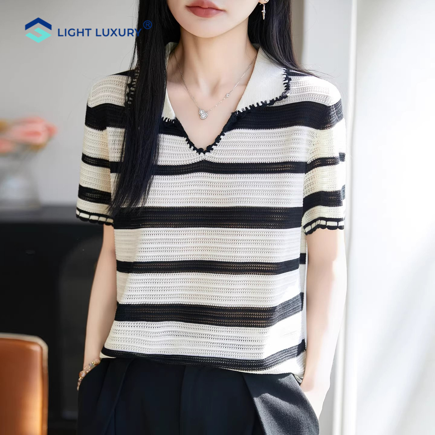 条纹针织T恤女薄款透气法式设计
