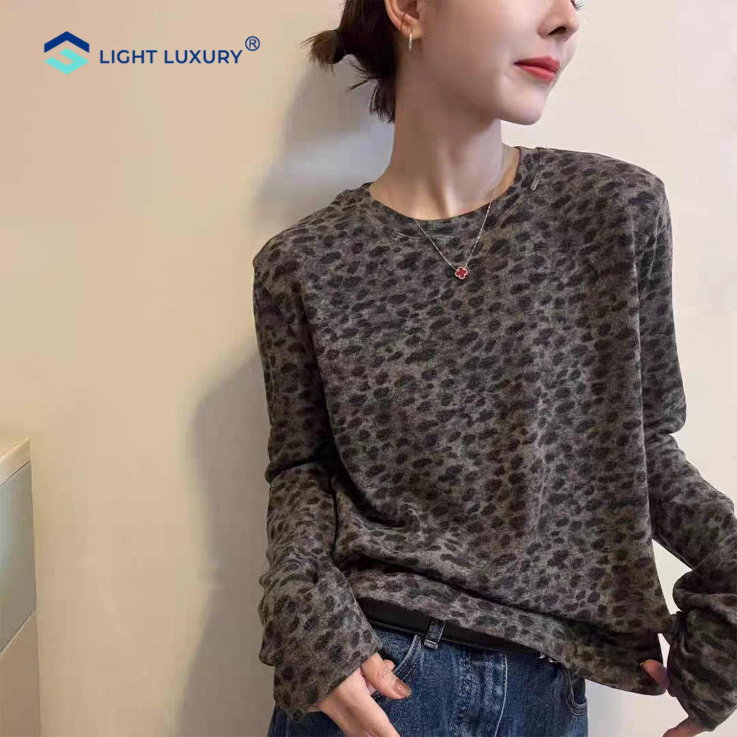 豹纹长袖打底衫女t恤独特减龄