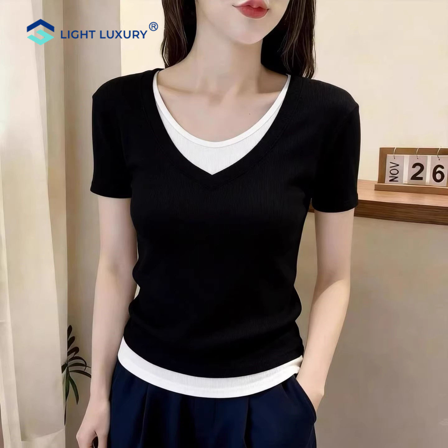 假两件短袖t恤女夏季新款黑色显瘦遮肉V领体恤设计感短款棉质上衣