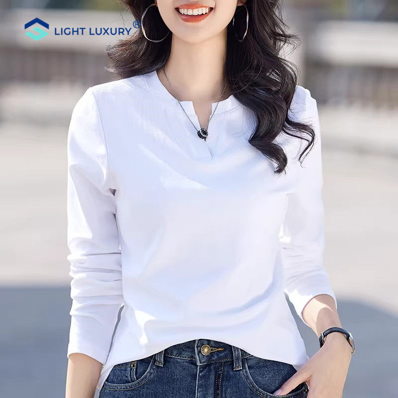 白色小V领长袖T恤女高级气质纯棉内搭打底衫柔软舒适修身正肩上衣