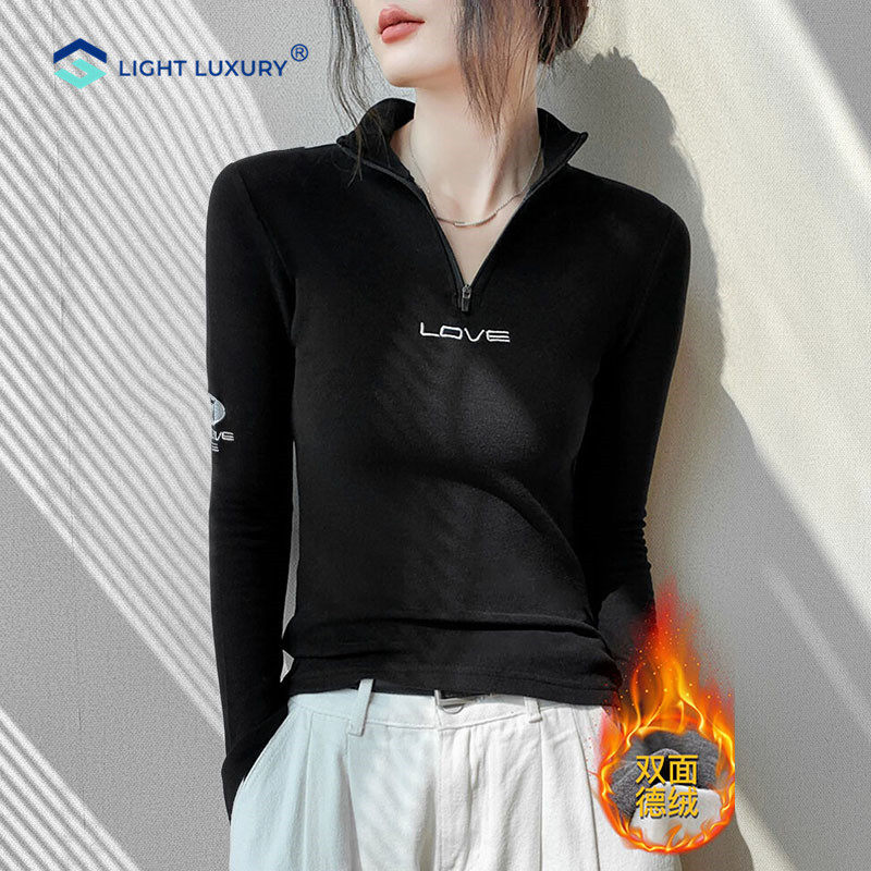 德绒内搭打底衫女修身半高领拉链黑色保暖上衣外穿长袖立领T恤