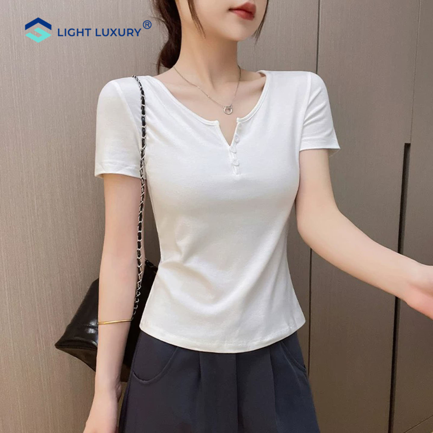 短袖t恤女小V领收腰设计感纯欲风