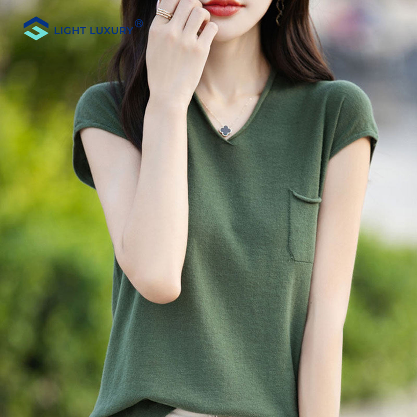 针织短袖t恤女时尚V领高级上衣
