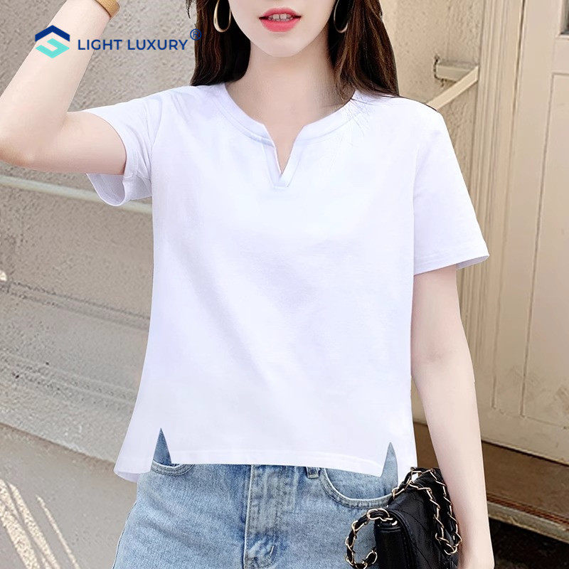 白色短袖t恤女夏季新款纯棉宽松百搭小V领独特设计感小众休闲上衣