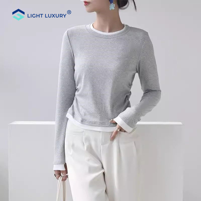 纯棉假两件长袖T恤女2025新撞色收腰抽褶短款打底衫灰色圆领上衣