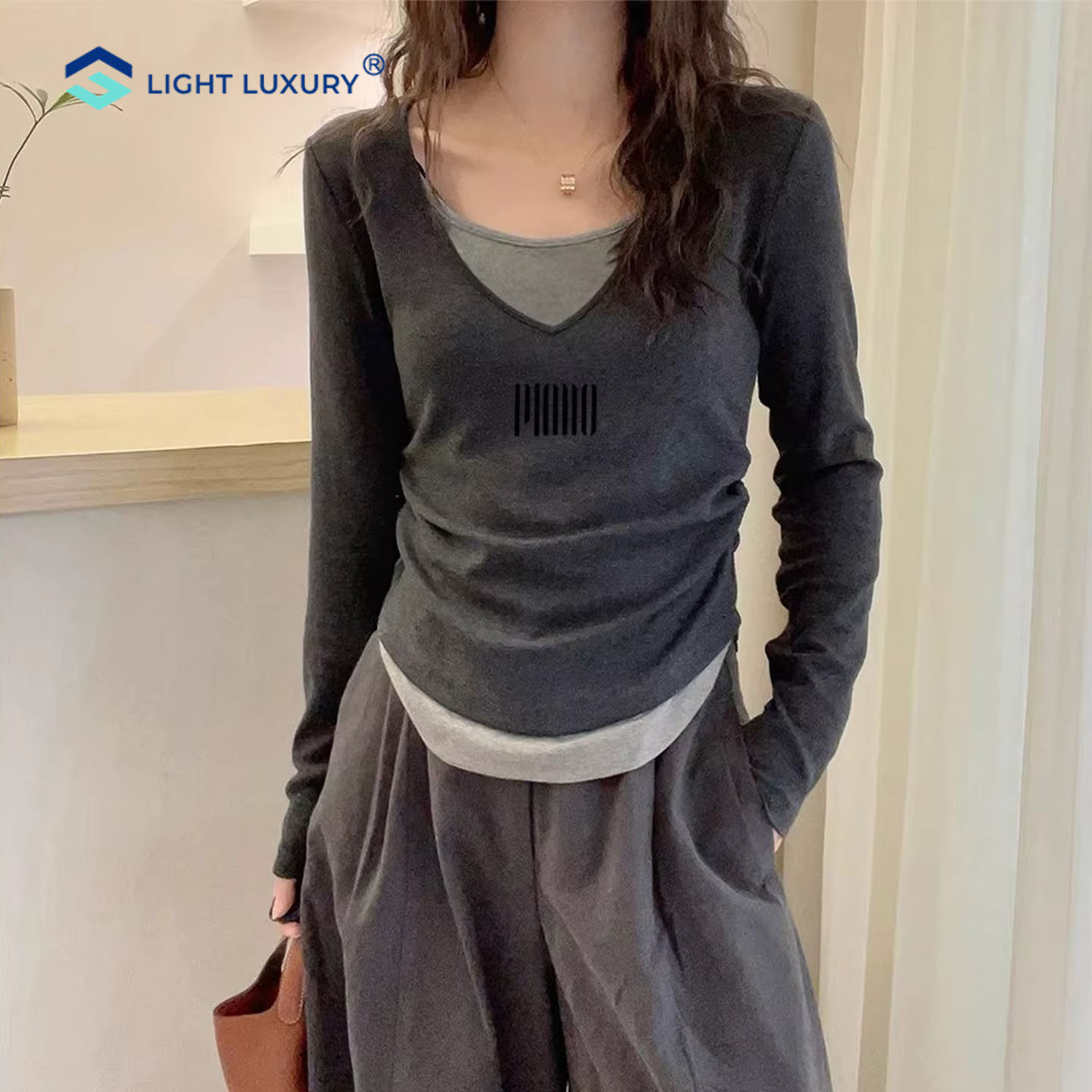 纯棉V领长袖t恤女正肩时尚百搭假两件打底衫高级质感格雷灰色上衣