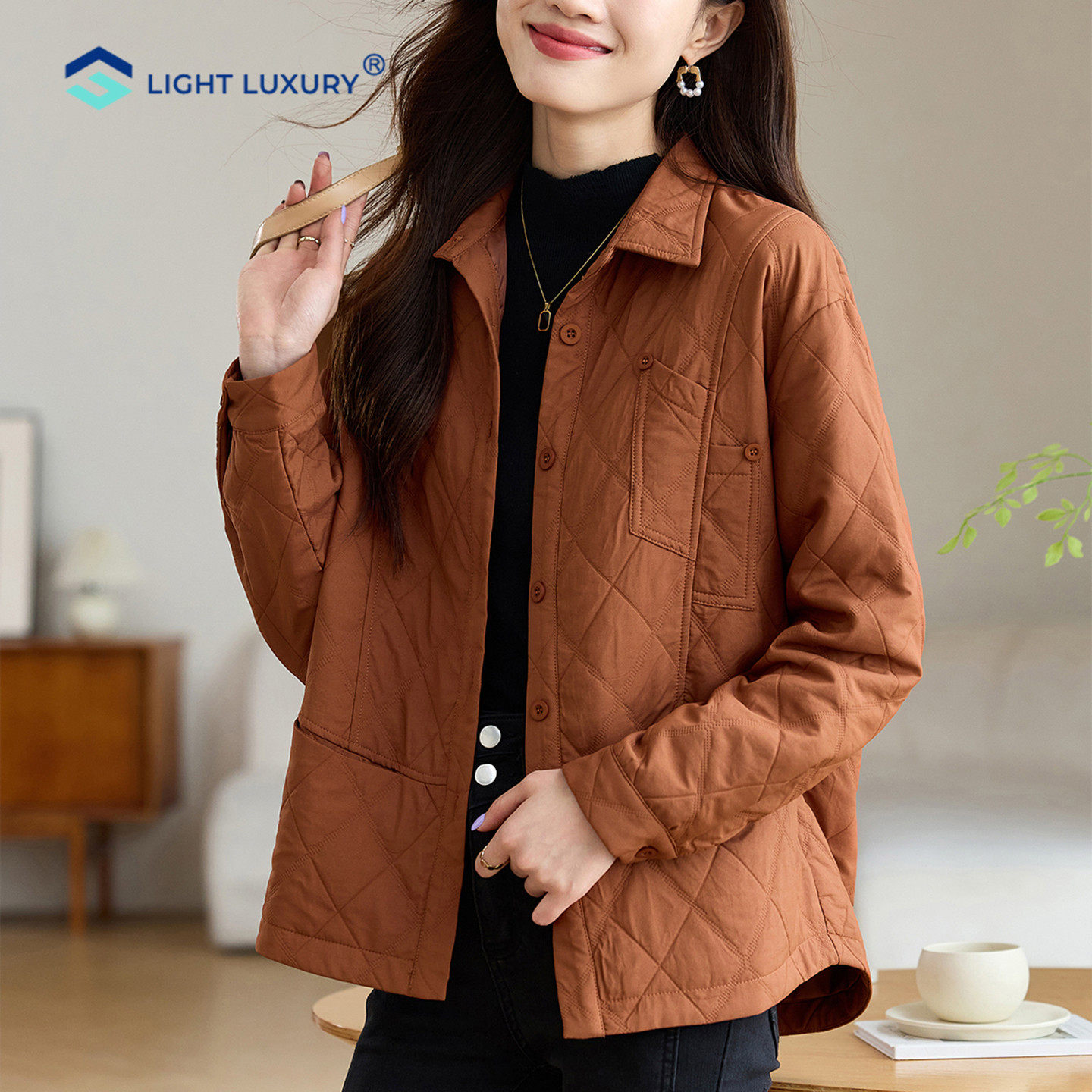 轻薄菱格棉服女2025秋冬新款小个子短款桔色夹棉外套洋气翻领上衣