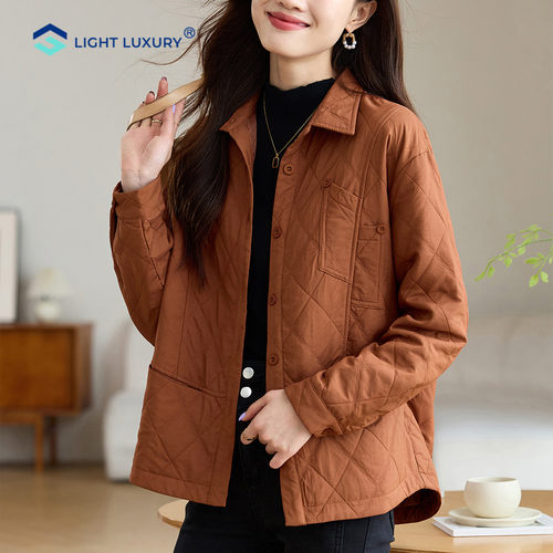 轻薄菱格棉服女小个子短款桔色