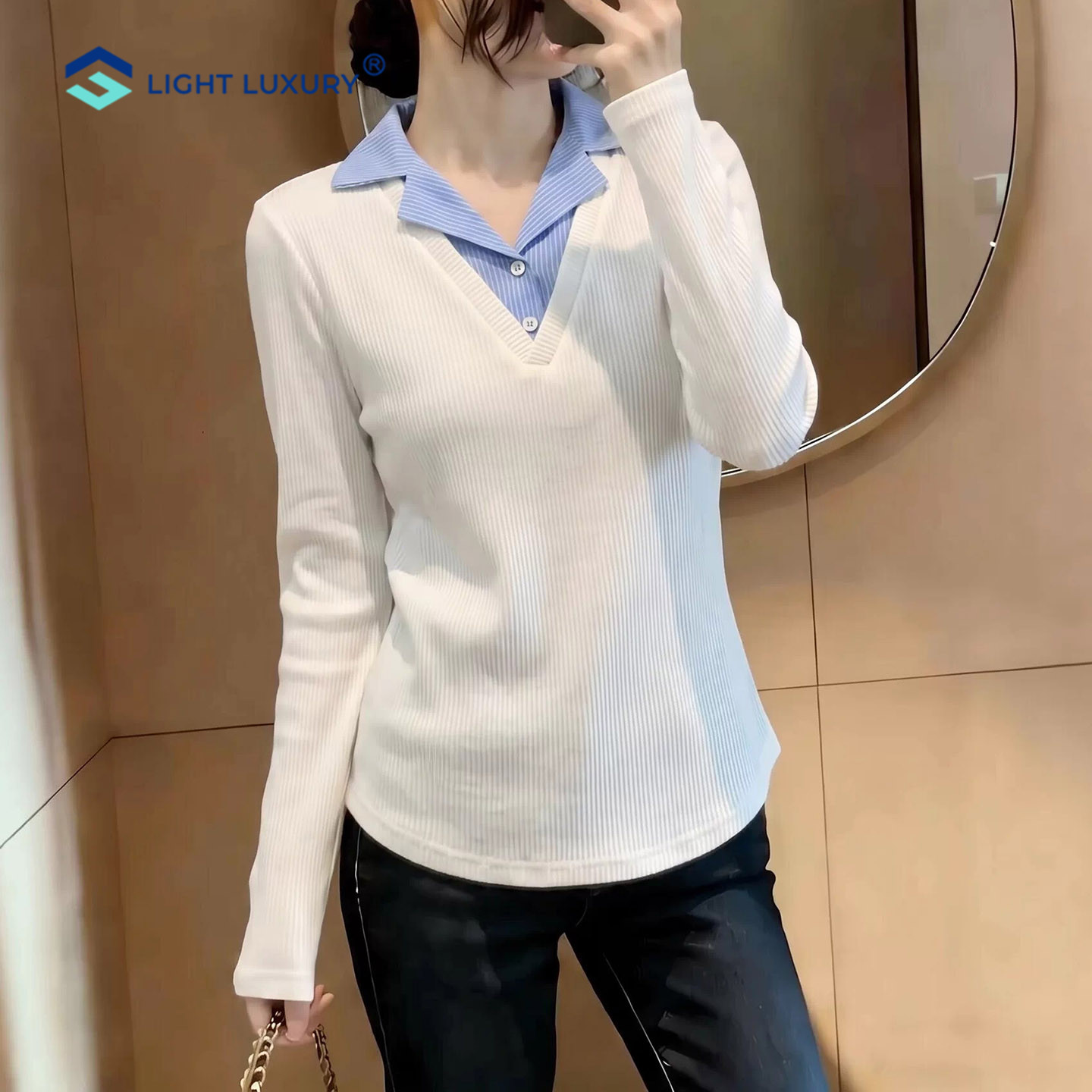 假两件长袖t恤女条纹针织上衣
