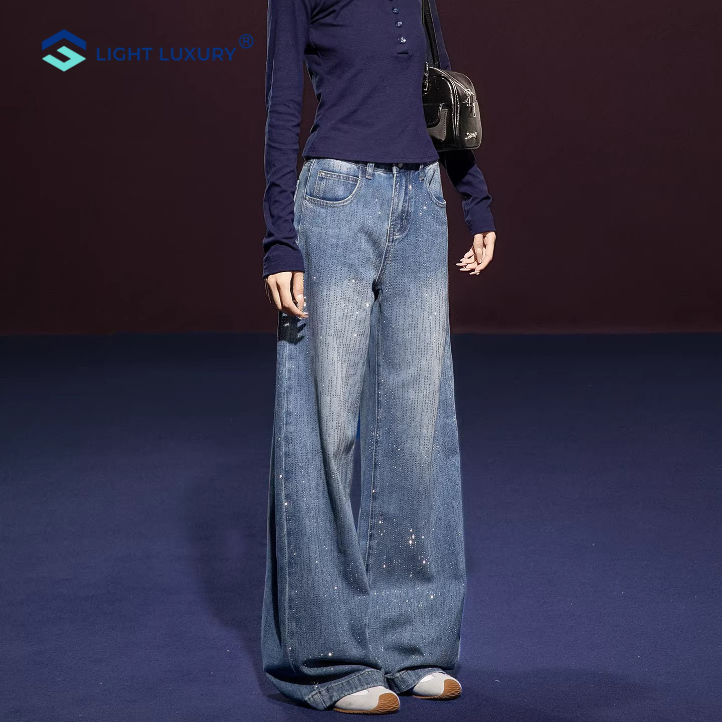 「满天星」牛仔裤女别致烫钻图案高腰休闲裤宽松显瘦直筒阔腿裤子
