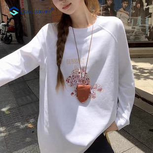 纯棉长袖t恤女2026春季新年款白色插肩袖打底衫宽松独特印花上衣