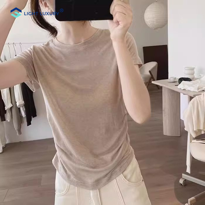 短袖t恤女收腰杏色百搭显瘦舒适