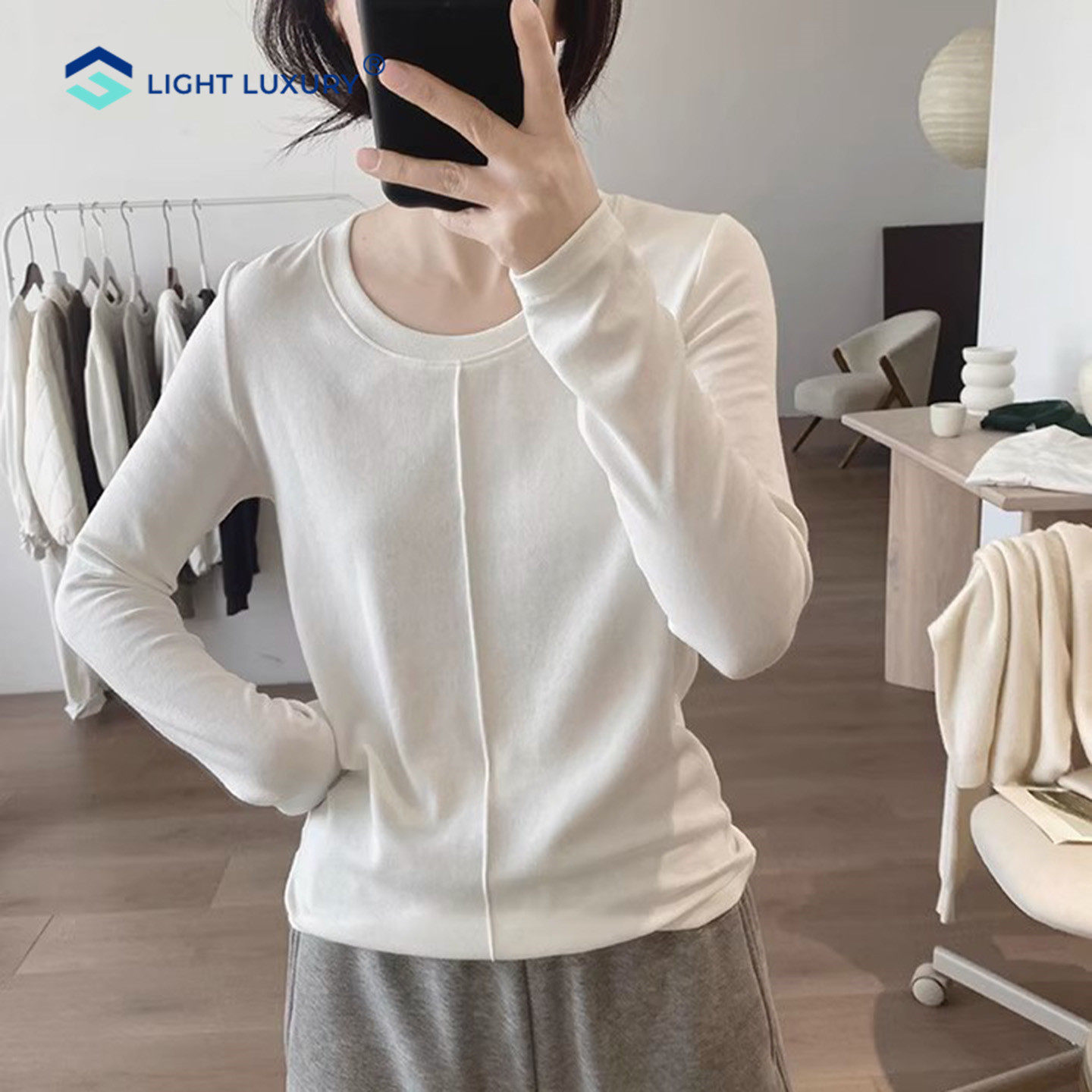 磨毛保暖白色长袖t恤女简约显瘦