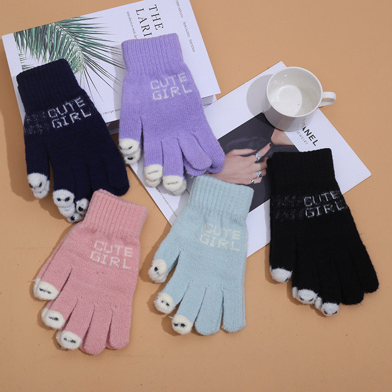 【小乐推荐】新冬季露指保暖写字豆豆鱼手套凤凰绒可爱卡通抗起球