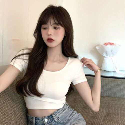 T-shirt women white slim fit crop exposed short sleeved top