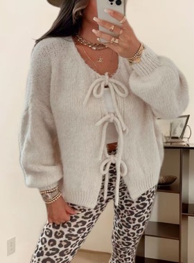 Women round neck tied cardigan sweater女系带针织开衫毛衣外套