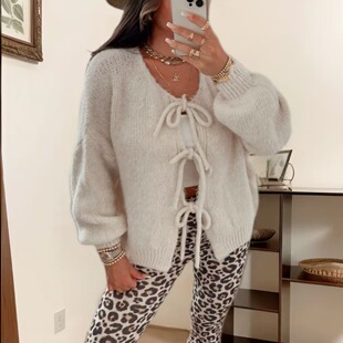 round sweater女系带针织开衫 neck cardigan 毛衣外套 tied Women