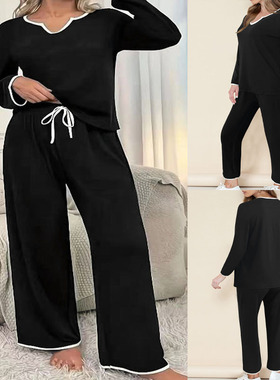 Women's V-neck home top+drawstring pants set家居服长裤套装女
