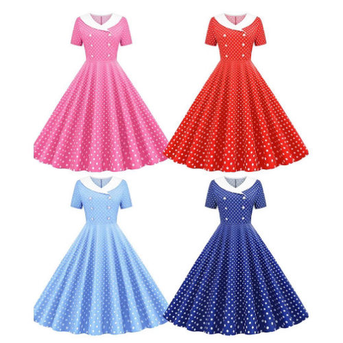 Women's polka dot lapel dress波点印花翻领 复古赫本大摆连衣裙