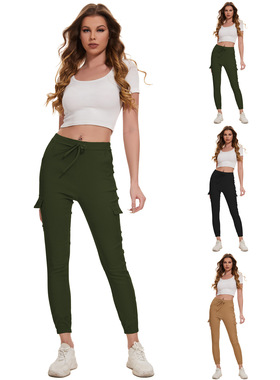 Women elastic waistband tied tight fitting work pants工装裤