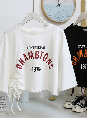 Drawstring short top women's short sleeved t-shirt女短袖t恤