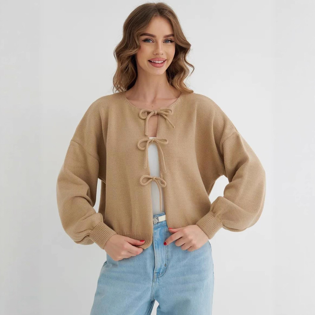 Women's loose cardigan with tie up sweater秋冬宽松开衫毛衣女