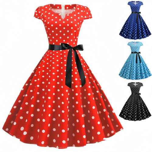 Women's polka dot short sleeved dress夏大摆波点连衣裙送丝带