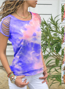 Women's tie dye off shoulder short sleeved t-shirt女扎染短袖