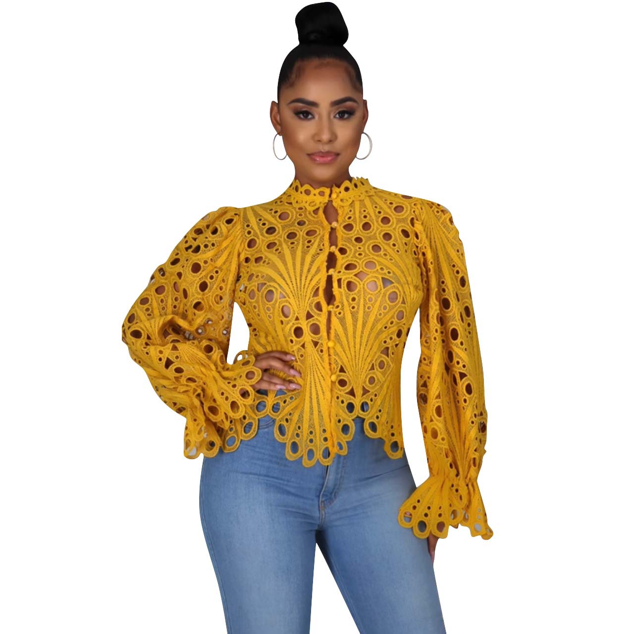 Hollow Out Mesh Lace Shirt Sheer Top Blouse Dashiki African
