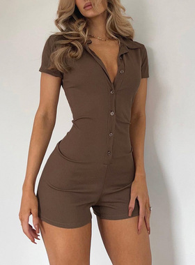 Playsuits Brown Knitted Bodysuits Solid Casual Basic Jumpsui