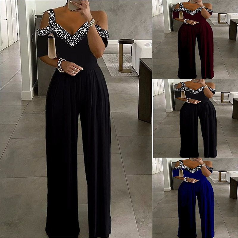 Women diamond studded suspender wide leg jumpsuit吊带连体衣