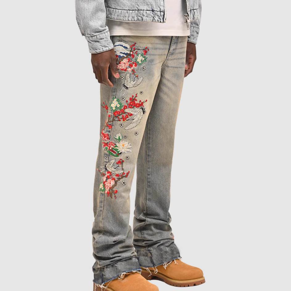 Men's straight tube patchwork embroidered jeans男牛仔直筒裤
