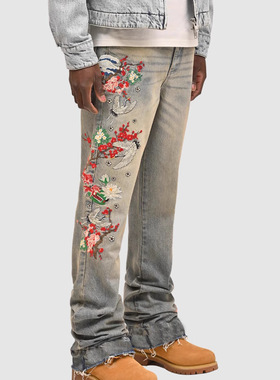 Men's straight tube patchwork embroidered jeans男牛仔直筒裤