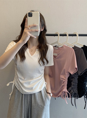 V-neck drawstring slim fit short sleeved T-shirt for women女
