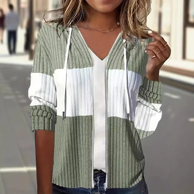 Women's striped contrasting hooded zipper jacket女拉链外套