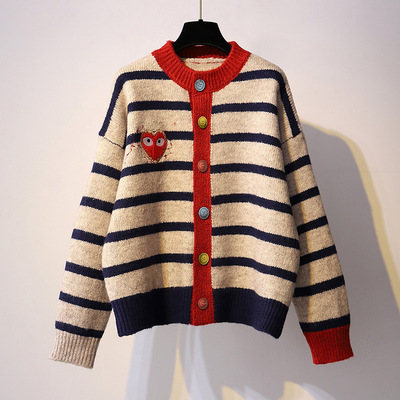 Women striped embroidered cardigan sweater条纹刺绣开衫女毛衣