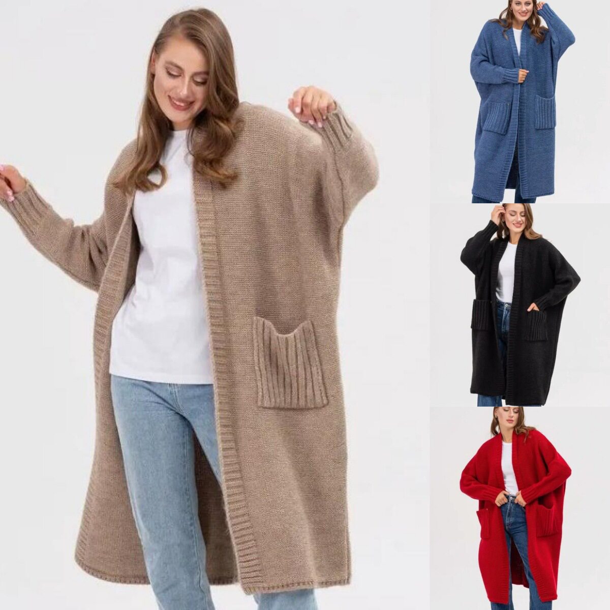 Women cardigan loose mid length sweater女针织开衫中长款毛衣