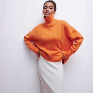 sweater女高领毛衣宽松纯色针织衫 high loose 外套 neck Women