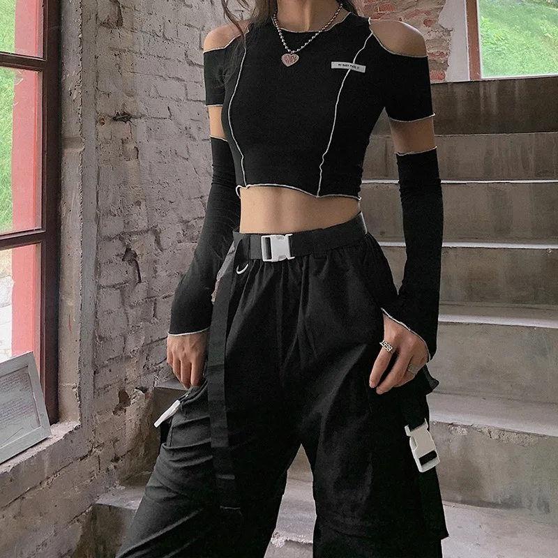 Patchwork T-shirts Crop Tops Hem Hip Hop Techwear Women Tees